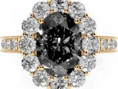 Fancy Black Oval Cut Diamond Halo Pavé Engagement Ring Set in Yellow gold with Milgrain Detailing