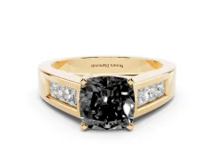 Fancy Black Cushion Cut Diamond Solitaire Ring Set in Yellow gold with Channel-Set Accent Stones and Prong Setting