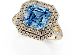 Fancy Blue Asscher Cut Diamond Double Halo Ring Set in Yellow gold with Pavé Band