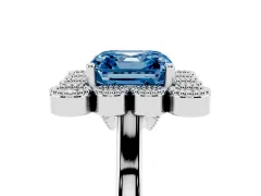Fancy Blue Asscher Cut Diamond Cluster Halo Ring Set in White gold with Milgrain Bezel Accents and Plain Band