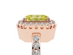 Fancy Yellow Emerald Cut Diamond Halo Ring Set in Rose gold with Pavé Shank and Prong Setting