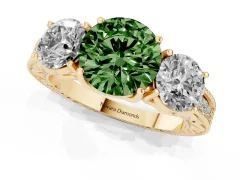 Fancy Green Round Cut Diamond Three-Stone Engagement Ring Set in Yellow gold with Milgrain Pavé Band
