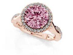 Fancy Pink Round Cut Diamond Halo Twist Band Solitaire Ring Set in Rose gold with Prong Setting