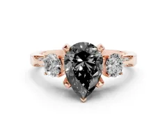 Fancy Black Pear Cut Diamond Three-Stone Ring Set in Rose gold with Pavé Band and Smaller Side Stones