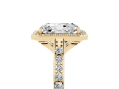 Radiant Cut Diamond Halo Engagement Ring Set in Yellow gold with Round Pavé Shoulders and Heart Gallery