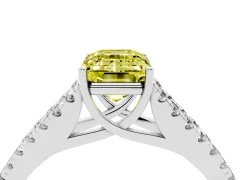 Fancy Yellow Emerald Cut Diamond Split Shank Pavé Engagement Ring Set in White gold with Prong-Held Center Stone