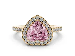 Fancy Pink Heart Cut Diamond Pavé Halo Ring Set in Yellow gold with Prong Setting