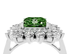 Fancy Green Princess Cut Diamond Floral Double Halo Ring Set in White gold with Round Petals