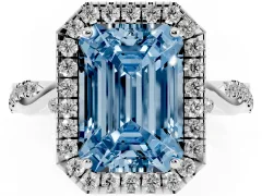 Fancy Blue Emerald Cut Diamond Halo Twist Band Solitaire Ring Set in Silver with Prong Setting