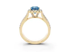 Fancy Blue Radiant Cut Diamond Halo Ring Set in Yellow gold with Pavé Band and Raised Center Setting