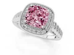 Fancy Pink Cushion Cut Diamond Milgrain Halo Solitaire Ring Set in Platinum with Bezel Set Side Stones and Pavé Band