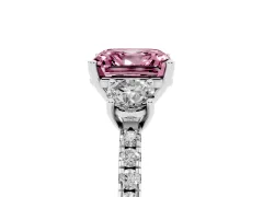 Fancy Pink Asscher Cut Diamond Three-Stone Ring Set in Platinum with Pavé Band and Graduated Sides