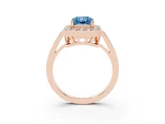 Fancy Blue Radiant Cut Diamond Halo Ring Set in Rose gold with Accent-Lined Split Shank and Prong Setting