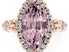 Fancy Pink Marquise Cut Diamond Halo Ring Set in Rose gold with Filigree Leaf Band and Prong Setting