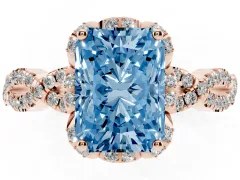 Fancy Blue Radiant Cut Diamond Halo Twist Band Solitaire Ring Set in Rose gold with Prong-Set Center Stone