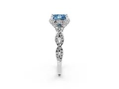 Fancy Blue Princess Cut Diamond Halo Twist Band Solitaire Ring Set in White gold with Prong-Set Center Stone
