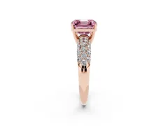 Fancy Pink Asscher Cut Diamond Pavé Band Solitaire Ring Set in Rose gold with Close-Set Accent Stones and Prong Setting