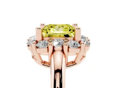 Fancy Yellow Princess Cut Diamond Halo Cluster Engagement Ring Set in Rose gold with Polished Band and Prong Setting