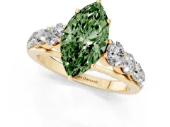 Fancy Green Marquise Cut Diamond Solitaire Ring Set in Yellow gold with Pavé-Set Band and Prong Setting