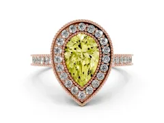 Fancy Yellow Pear Cut Diamond Halo Milgrain Pavé Band Ring Set in Rose gold with Prong Setting