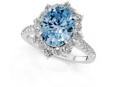 Fancy Blue Oval Cut Diamond Halo Ring Set in Platinum with Pavé Band and Prong Setting