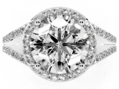 Round Cut Diamond Halo Split Shank Ring Set in Platinum with Accent Stones and Prong Setting