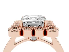 Asscher Cut Diamond Cluster Halo Ring Set in Rose gold with Milgrain Bezel Accents and Plain Band