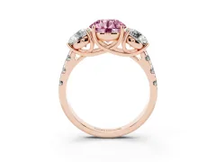 Fancy Pink Round Cut Diamond Three-Stone Ring Set in Rose gold with Pavé Band