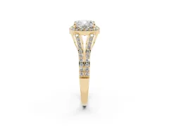 Cushion Cut Diamond Halo Split Shank Pavé Ring Set in Yellow gold with Prong Setting