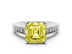 Fancy Yellow Asscher Cut Diamond Solitaire Pavé Milgrain Engagement Ring Set in Platinum with Prong Setting