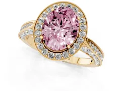 Fancy Pink Oval Cut Diamond Halo Engagement Ring Set in Yellow gold with Accent Split Shank Band