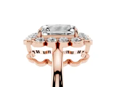 Emerald Cut Diamond Halo Cluster Engagement Ring Set in Rose gold with Solitaire Band and Prong Setting