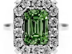Fancy Green Emerald Cut Diamond Cluster Halo Solitaire Ring Set in White gold with Prong Setting