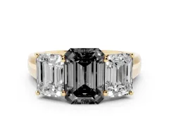 Fancy Black Emerald Cut Diamond Three-Stone Ring Set in Yellow gold with Plain Polished Band