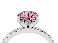 Fancy Pink Round Cut Diamond Pavé Solitaire Ring Set in White gold with Round Band Accents and Prong Setting