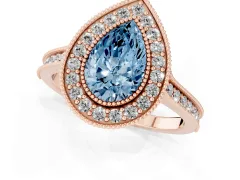 Fancy Blue Pear Cut Diamond Halo Milgrain Pavé Band Ring Set in Rose gold with Prong Setting