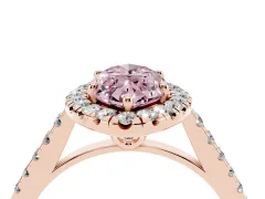 Fancy Pink Marquise Cut Diamond Pavé Halo Engagement Ring Set in Rose gold with Pavé Band and Prong Setting