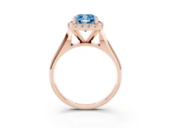Fancy Blue Cushion Cut Diamond Halo Solitaire Engagement Ring Set in Rose gold with Square Band and Prong Setting