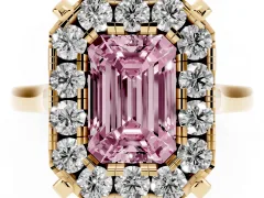 Fancy Pink Emerald Cut Diamond Cluster Halo Solitaire Ring Set in Yellow gold with Prong Setting