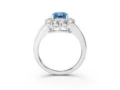 Fancy Blue Radiant Cut Diamond Halo Cluster Engagement Ring Set in Platinum with Polished Band and Prong Setting