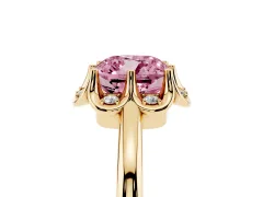 Fancy Pink Cushion Cut Diamond Round Cluster Halo Ring Set in Yellow gold with Solitaire Band and Prong Setting