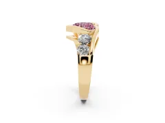 Fancy Pink Heart Cut Diamond Bezel Bypass Ring Set in Yellow gold with Round Accents