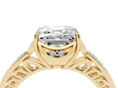 Asscher Cut Diamond Halo Ring Set in Yellow gold with Channel Set Band and Prong Setting