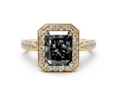 Fancy Black Radiant Cut Diamond Halo Engagement Ring Set in Yellow gold with Accent Split Shank Band