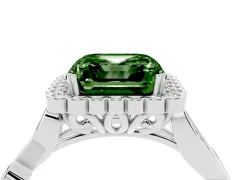 Fancy Green Asscher Cut Diamond Halo Ring Set in Platinum with Leaf Motif Split Shank and Prong Setting