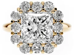 Princess Cut Diamond Milgrain Halo Solitaire Ring Set in Yellow gold with Bezel Set Side Stones and Pavé Band