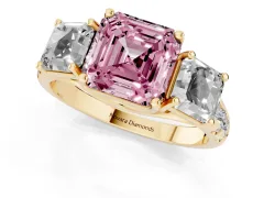 Fancy Pink Asscher Cut Diamond Three-Stone Ring Set in Yellow gold with Pavé Band
