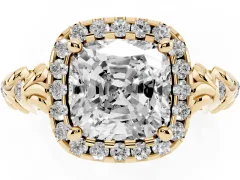 Cushion Cut Diamond Halo Ring Set in Yellow gold with Filigree Leaf Band and Prong Setting