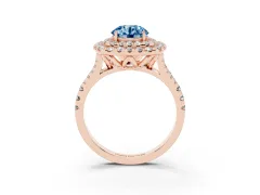 Fancy Blue Round Cut Diamond Double Halo Ring Set in Rose gold with Pavé Split Shank and Prong Setting