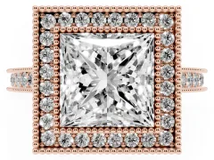 Princess Cut Diamond Halo Milgrain Pavé Band Ring Set in Rose gold with Prong Setting